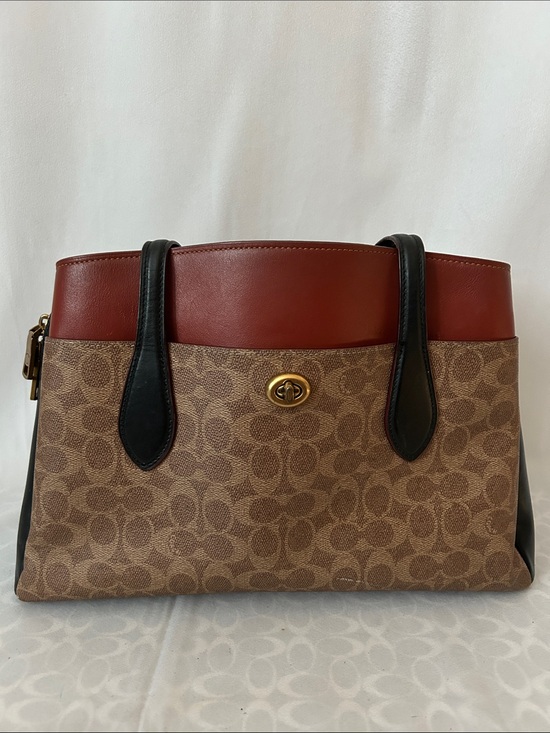 Coach Handbags - Coach Lora Color-block Tan/Rust Leather Signature Logo Carryall Tote Bag Purse 👜